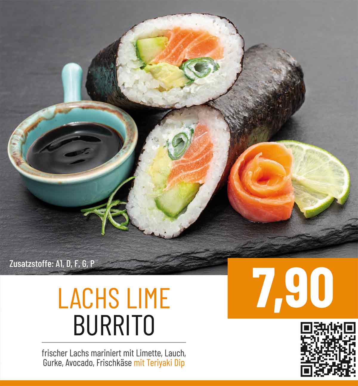 SUSHIdeluxe Limited - Lachs Lime Burrito mit frischem Lachs mariniert mit Limette, Lauch, Gurka, Avocado, Frischkäse mit Teriyaki Dip