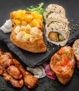 SUSHIdeluxe Limited | Inari Sushi, Sweet Inari, Yakitori Spieße und Tempura Tofu California Roll